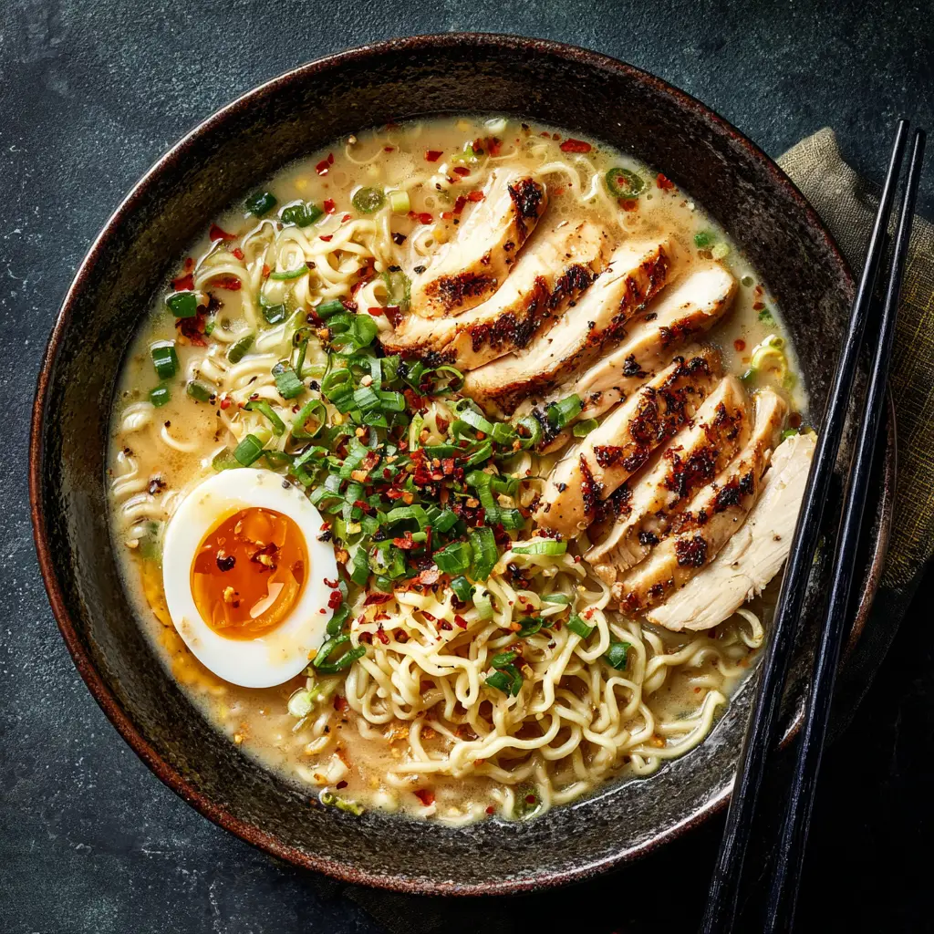 A close-up shot of the savory ramen broth and noodles, with tender pieces of chicken visible. The creamy texture of the soup is highlighted.