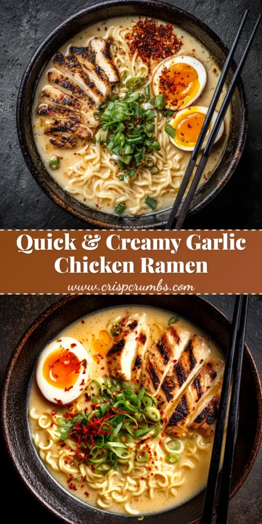 A stunning pin image for Creamy Garlic Chicken Ramen. The text overlay reads 'Creamy Garlic Chicken Ramen - 30 Minute Recipe'. The image shows a close-up of the delicious ramen in a bowl.