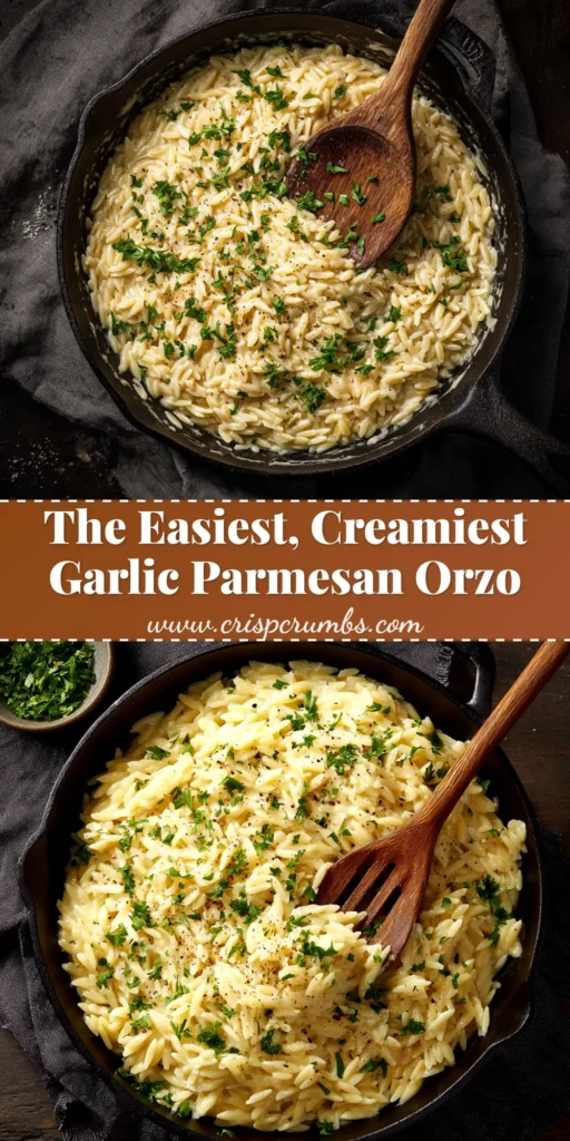 A large white bowl filled with Creamy Garlic Parmesan Orzo, garnished with fresh parsley and a sprinkle of black pepper. A silver fork rests in the bowl.