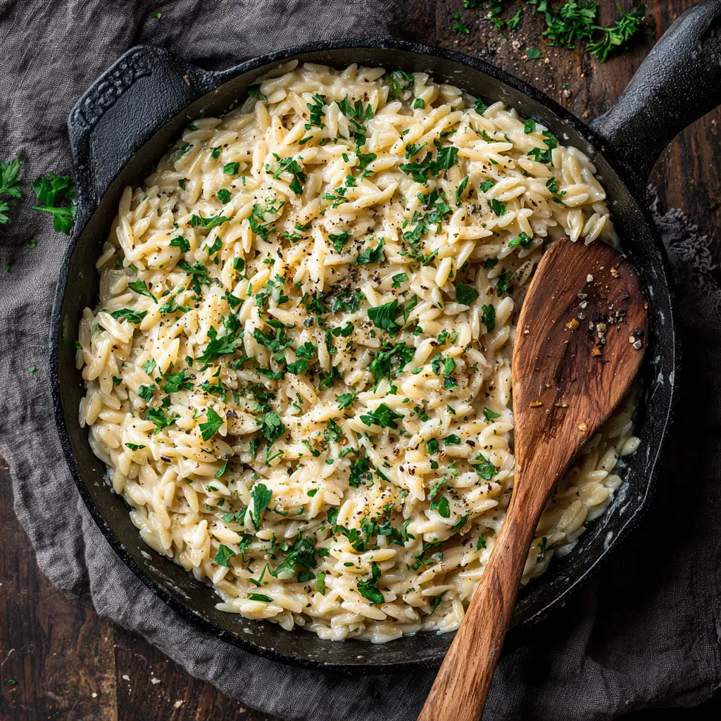 A beautiful serving of the one-pan orzo pasta in a bowl, garnished with fresh herbs and ready to eat.