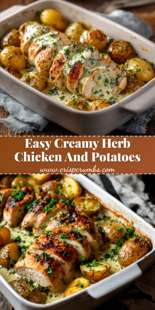 An overhead shot of Creamy Herb Chicken in a skillet. The chicken is golden brown and coated in a rich cream sauce, garnished with fresh herbs, ready to be pinned.