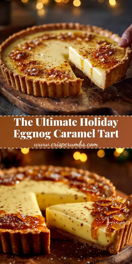 A beautiful overhead shot of a creamy eggnog tart decorated with whipped cream and a sprinkle of nutmeg, ready to be served for the holidays.