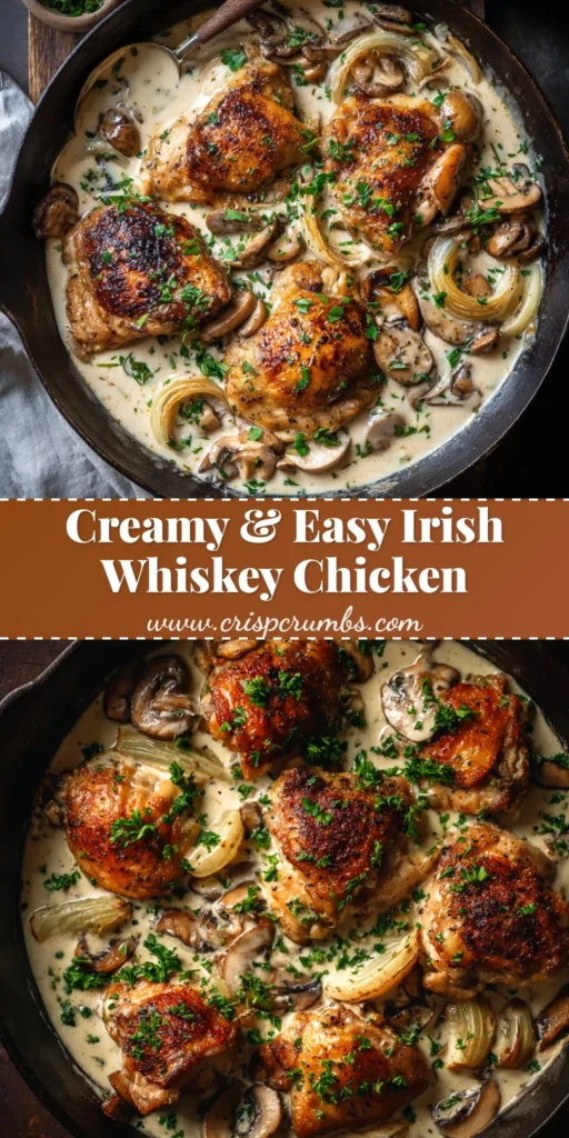 A close-up shot of creamy Irish Whiskey Chicken in a rustic black cast iron skillet, garnished with fresh parsley. The perfect easy and elegant dinner recipe.