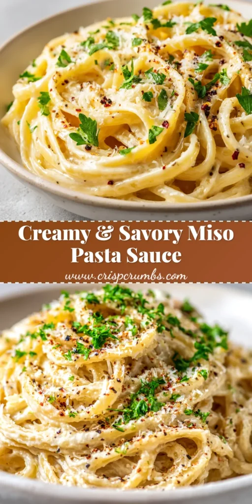 A stunning overhead shot of creamy miso pasta sauce coating linguine in a white bowl, garnished with scallions. The perfect Miso Pasta Sauce recipe.