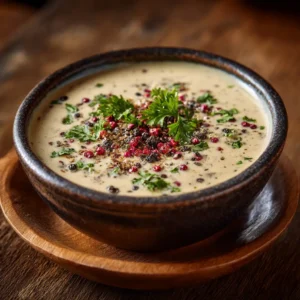 A close-up shot of a rich and creamy peppercorn sauce in a dark, rustic bowl, highlighting its velvety texture.