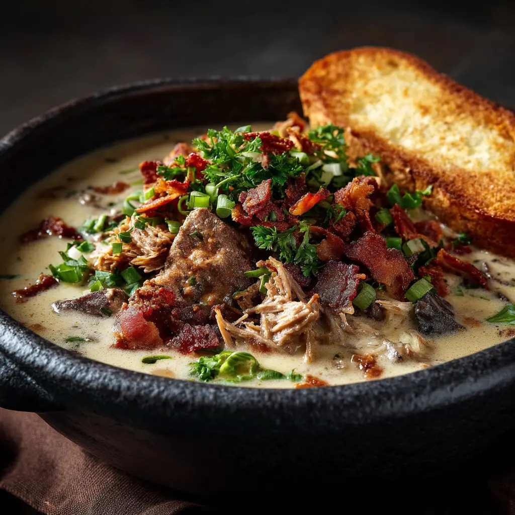 A creamy and savory bowl of easy cheesesteak soup ready to be served.