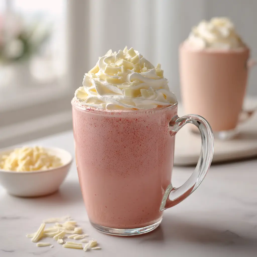 A close-up shot of a creamy pink strawberry hot chocolate being poured into a white mug, showcasing its rich texture.