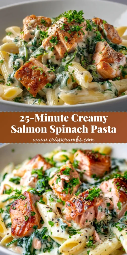 A delicious bowl of Creamy Salmon Spinach Pasta. Tender salmon flakes and vibrant spinach are mixed in a rich, creamy sauce with fettuccine, ready to eat.