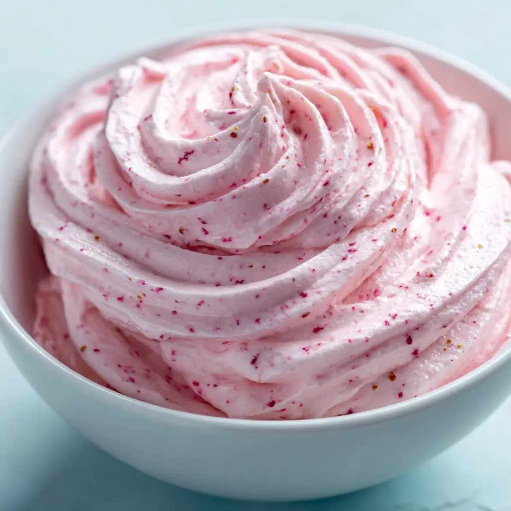 A spatula lifting a swirl of creamy strawberry marshmallow frosting from a mixing bowl.