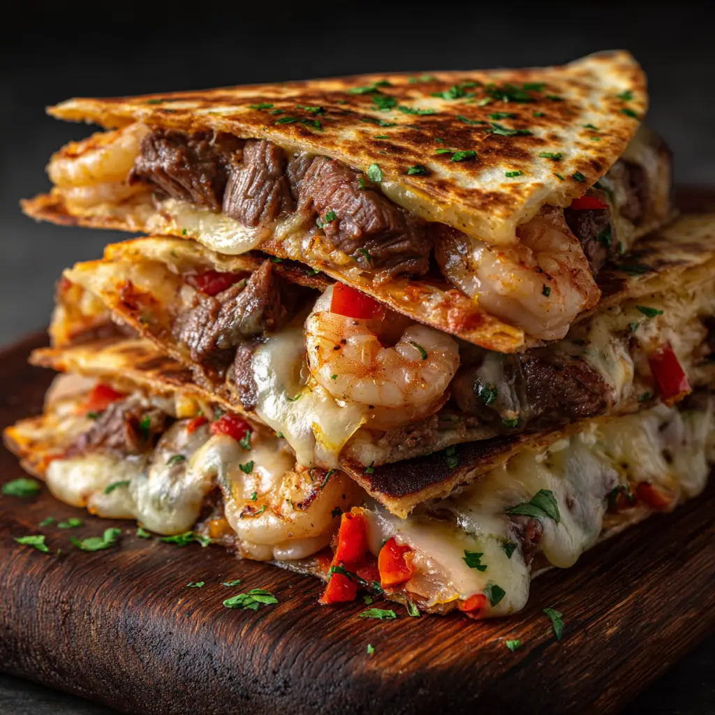 The ingredients for Creole quesadillas laid out, including raw steak, shrimp, bell peppers, onions, and a bowl of Creole spice blend.