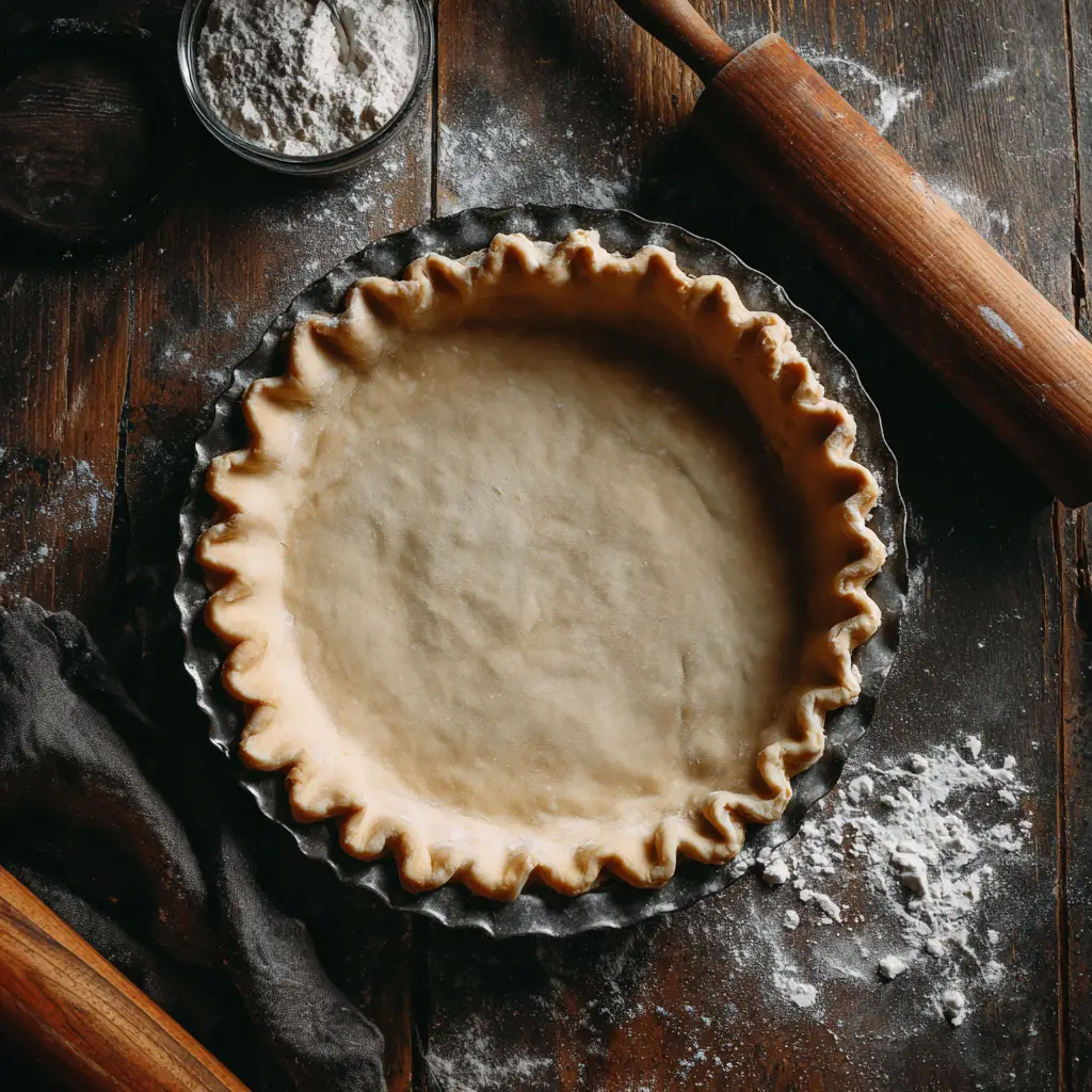 A close-up of the beautifully crimped edge of an all-butter pie crust, illustrating a key step in our easy pie crust recipe.