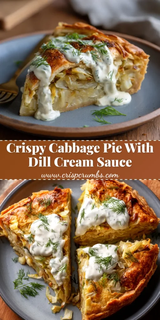 A golden-brown slice of Crispy Cabbage Pie on a white plate, showcasing the flaky crust and savory cabbage filling. The perfect savory pie recipe.