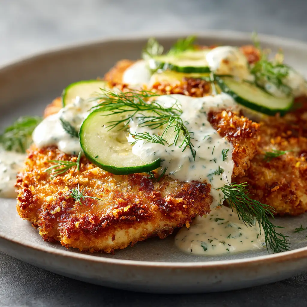 A detailed close-up showing the crispy Panko and Parmesan coating on a piece of dill pickle brined chicken.
