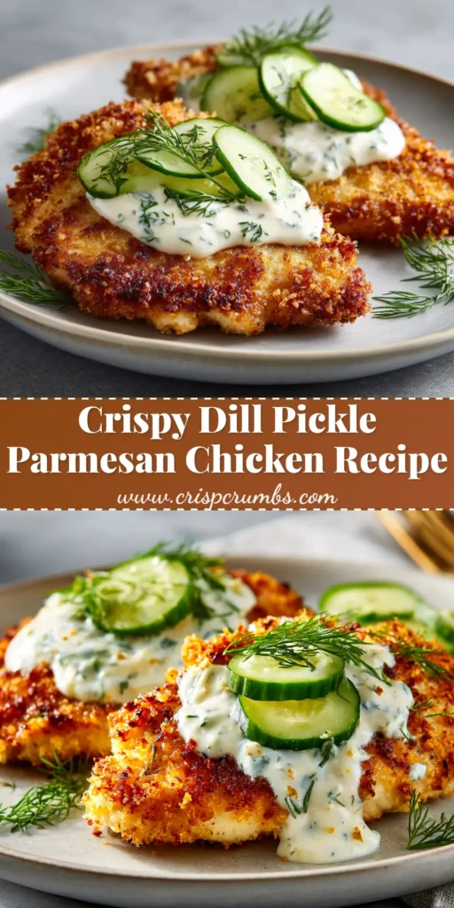 A plate of golden-brown Crispy Dill Pickle Parmesan Chicken, sliced to show the juicy interior, with fresh dill and pickle slices as garnish.