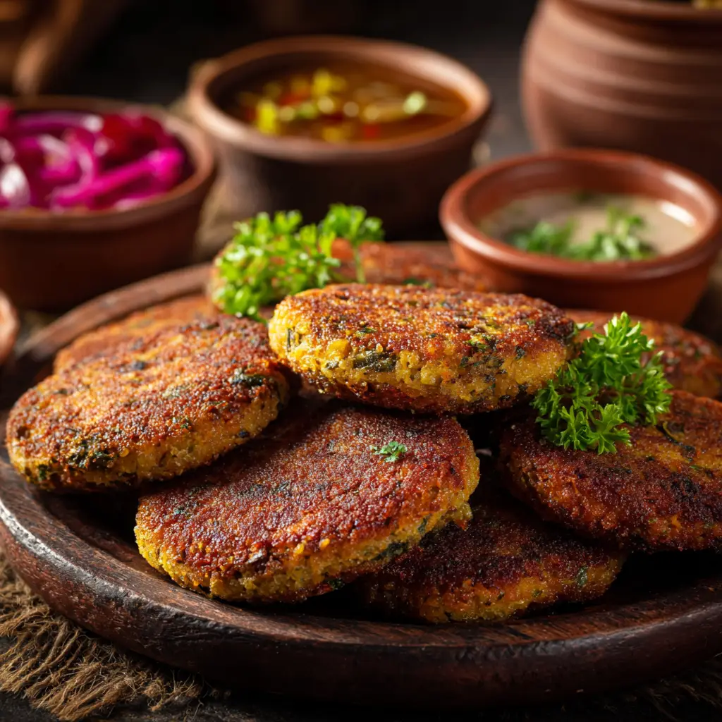 A close-up view of a crispy Persian kotlet, highlighting the texture of the fried meat patty.