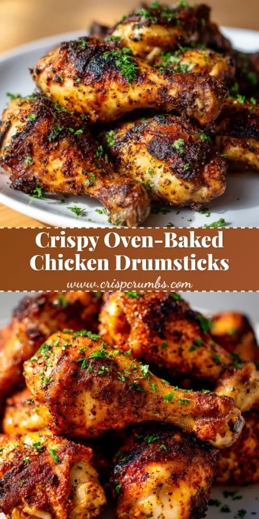 A platter of golden-brown, crispy oven-baked chicken drumsticks seasoned with paprika and herbs, ready to be served.