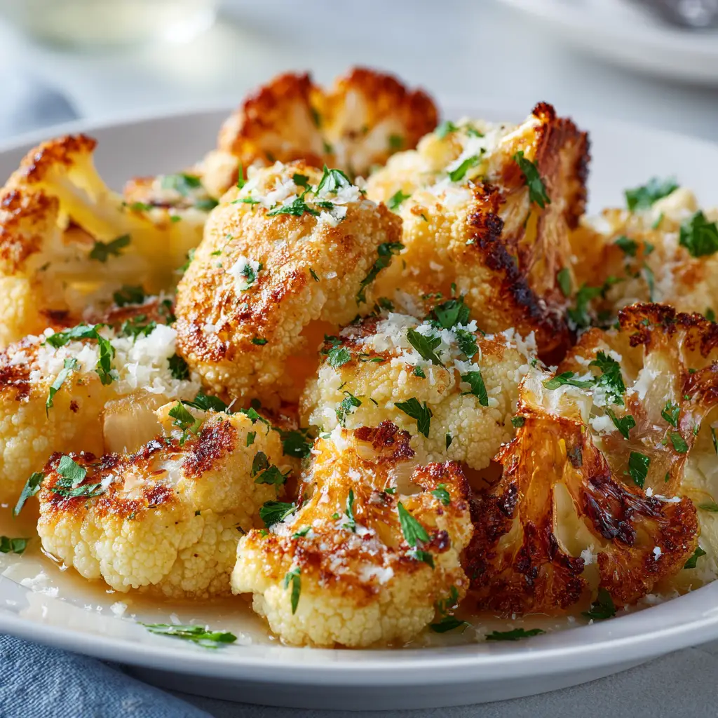 An extreme close-up of oven-roasted cauliflower florets, highlighting their crispy, golden-brown texture and seasoning.