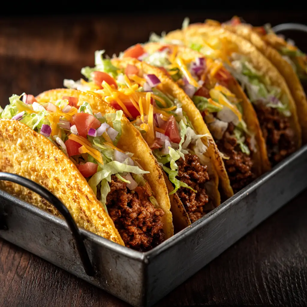 A row of freshly oven-baked tacos lined up in a rustic baking dish, showing the melted cheese and crispy taco shells before toppings are added.
