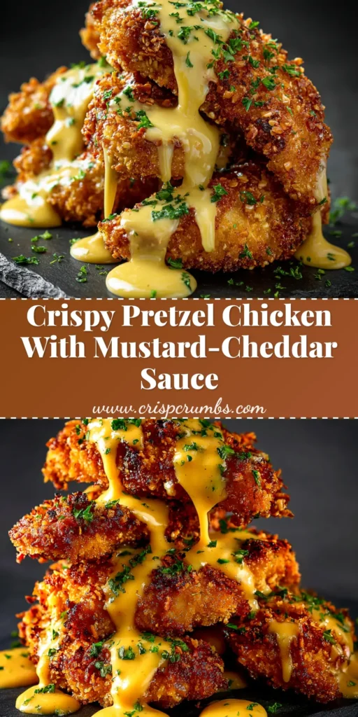 Crispy pretzel chicken cutlets served on a plate with a side of honey mustard dipping sauce. The perfect easy weeknight dinner recipe.