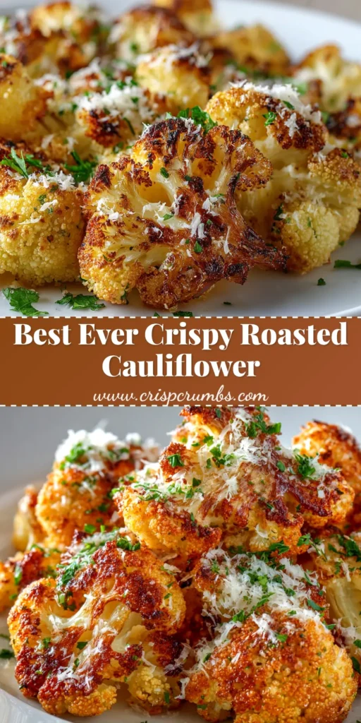 A close-up overhead shot of crispy roasted cauliflower on a white plate. The cauliflower is golden-brown and perfectly seasoned, ready to be served.