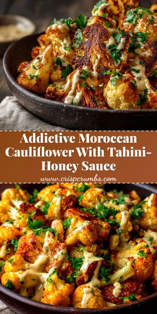 A shareable pin image of crispy roasted Moroccan Cauliflower, showing the golden-brown florets garnished with fresh parsley on a decorative plate.