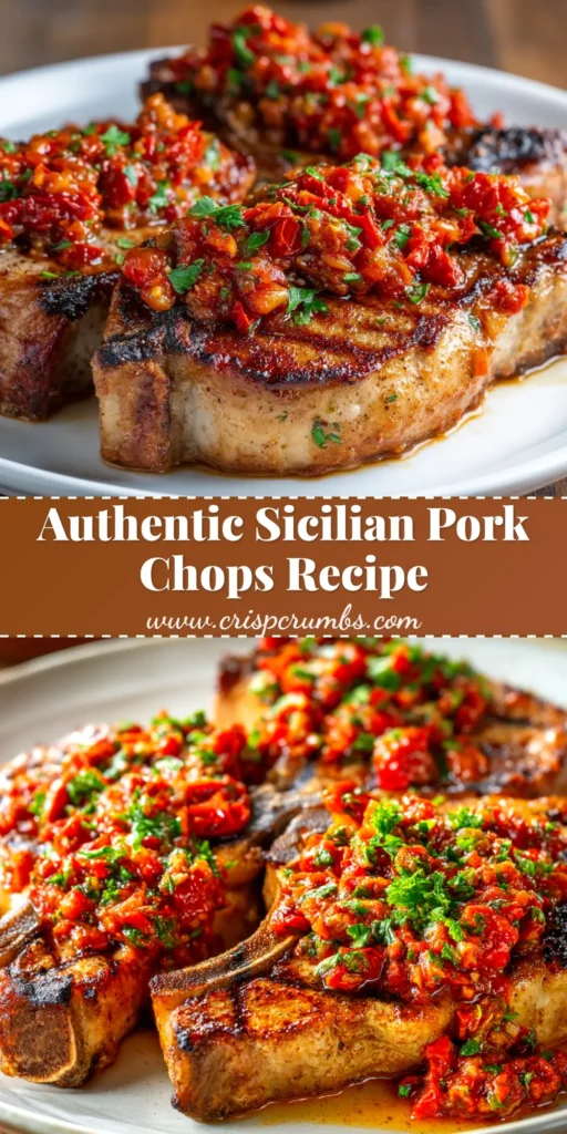 A close-up overhead shot of three perfectly cooked Sicilian Pork Chops on a platter, showcasing their crispy, golden-brown Parmesan and herb crust.