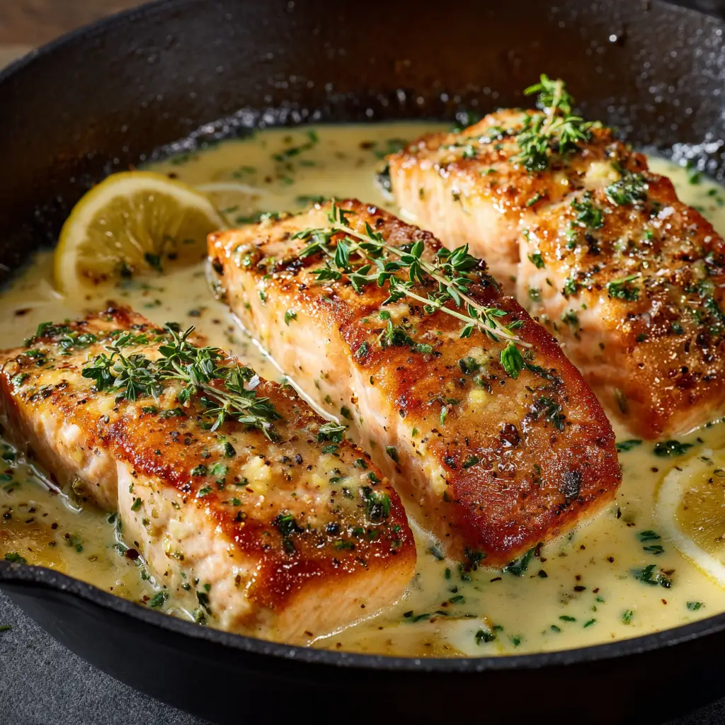Three crispy skin salmon fillets arranged beautifully on a platter. This demonstrates the results of the perfect pan-searing technique.