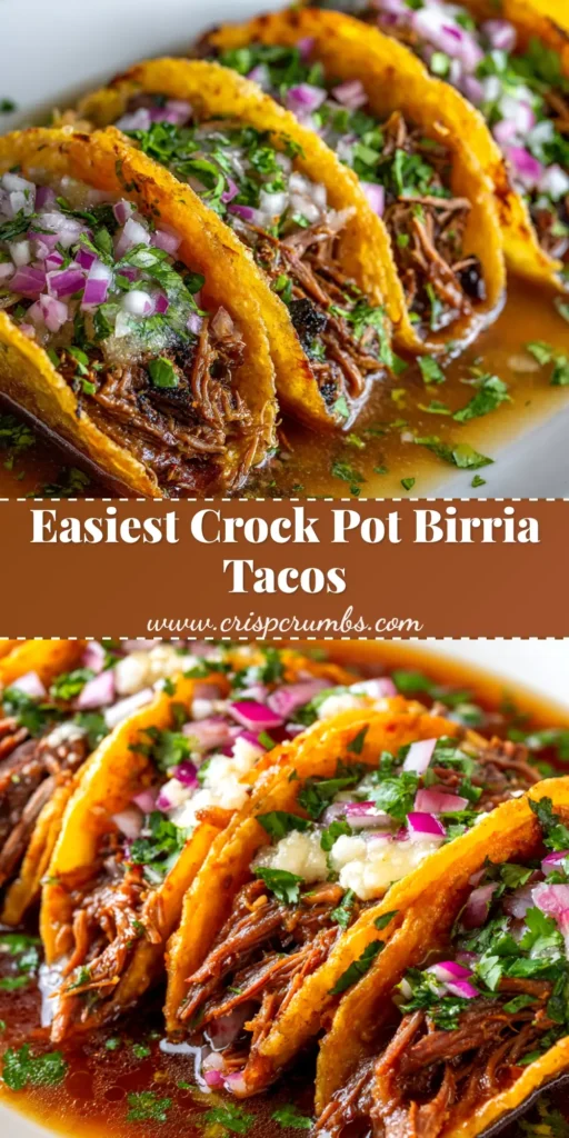 A platter of Crock Pot Birria Tacos with a bowl of rich red consommé for dipping, garnished with fresh cilantro and lime.