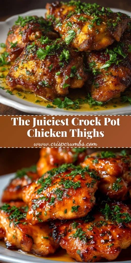 A vertical pin image showing juicy, tender Crock Pot Chicken Thighs in a slow cooker, with a text overlay that reads 'Easy Crock Pot Chicken Thighs - The Juiciest Recipe Ever!'