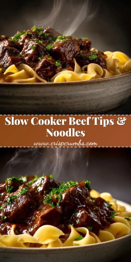 A landscape overhead shot of a white bowl filled with Crockpot Beef Tips & Noodles, garnished with fresh parsley. The beef is tender, the gravy is rich, and the egg noodles are perfectly cooked.