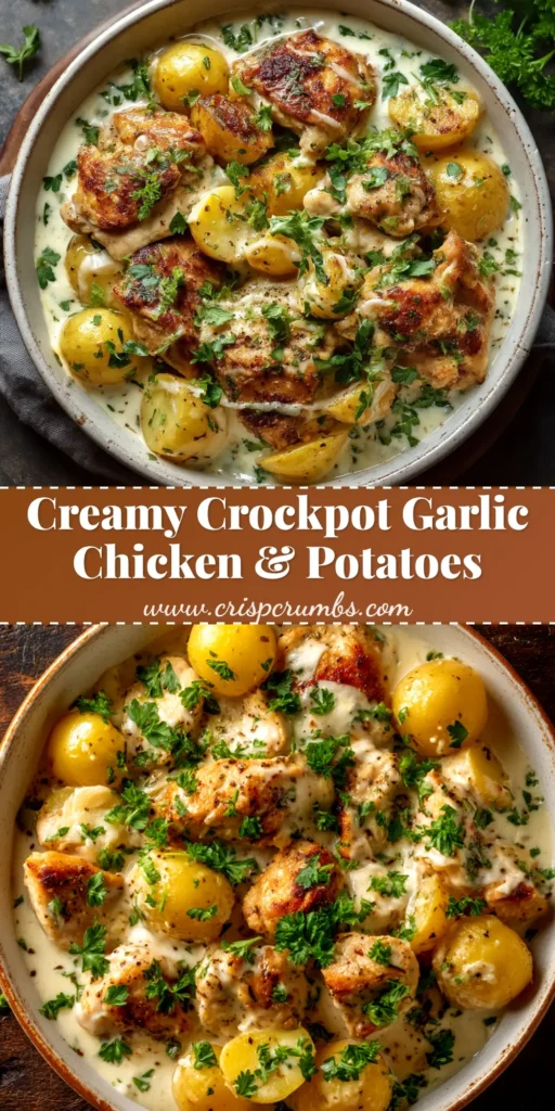 A top-down view of a savory Crockpot Chicken and Potatoes dish in a white bowl, garnished with fresh parsley. The chicken is tender and the potatoes are golden.