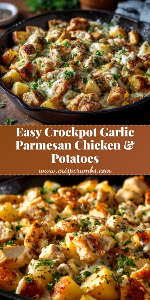 A close-up of creamy Crockpot Garlic Parmesan Chicken being served over pasta, garnished with fresh parsley.