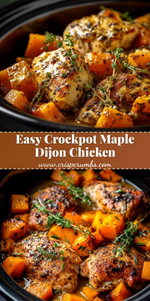 An overhead shot of Crockpot Maple Dijon Chicken in a serving dish, garnished with fresh herbs. The chicken is coated in a glossy, golden-brown sauce.