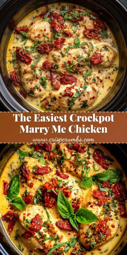 A top-down view of Crockpot Marry Me Chicken served in a white bowl over pasta, garnished with fresh basil. The creamy sun-dried tomato sauce is visible.