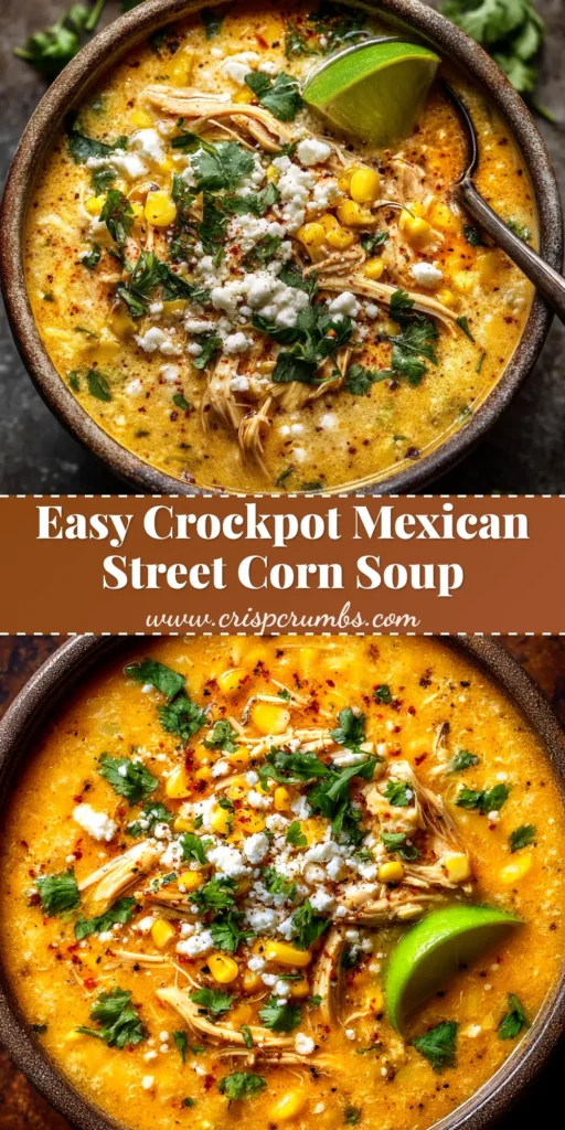 A delicious bowl of Crockpot Mexican Street Corn Soup, garnished with cotija cheese, cilantro, and a lime wedge, ready to be pinned.