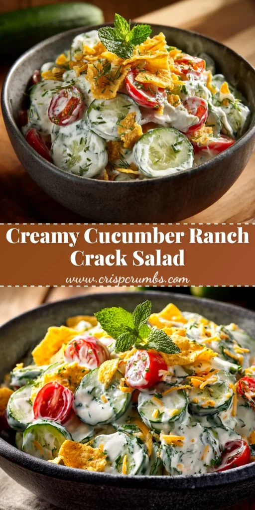 A large white bowl filled with creamy Cucumber Ranch Salad, garnished with fresh dill. The salad is a refreshing side dish perfect for summer potlucks.