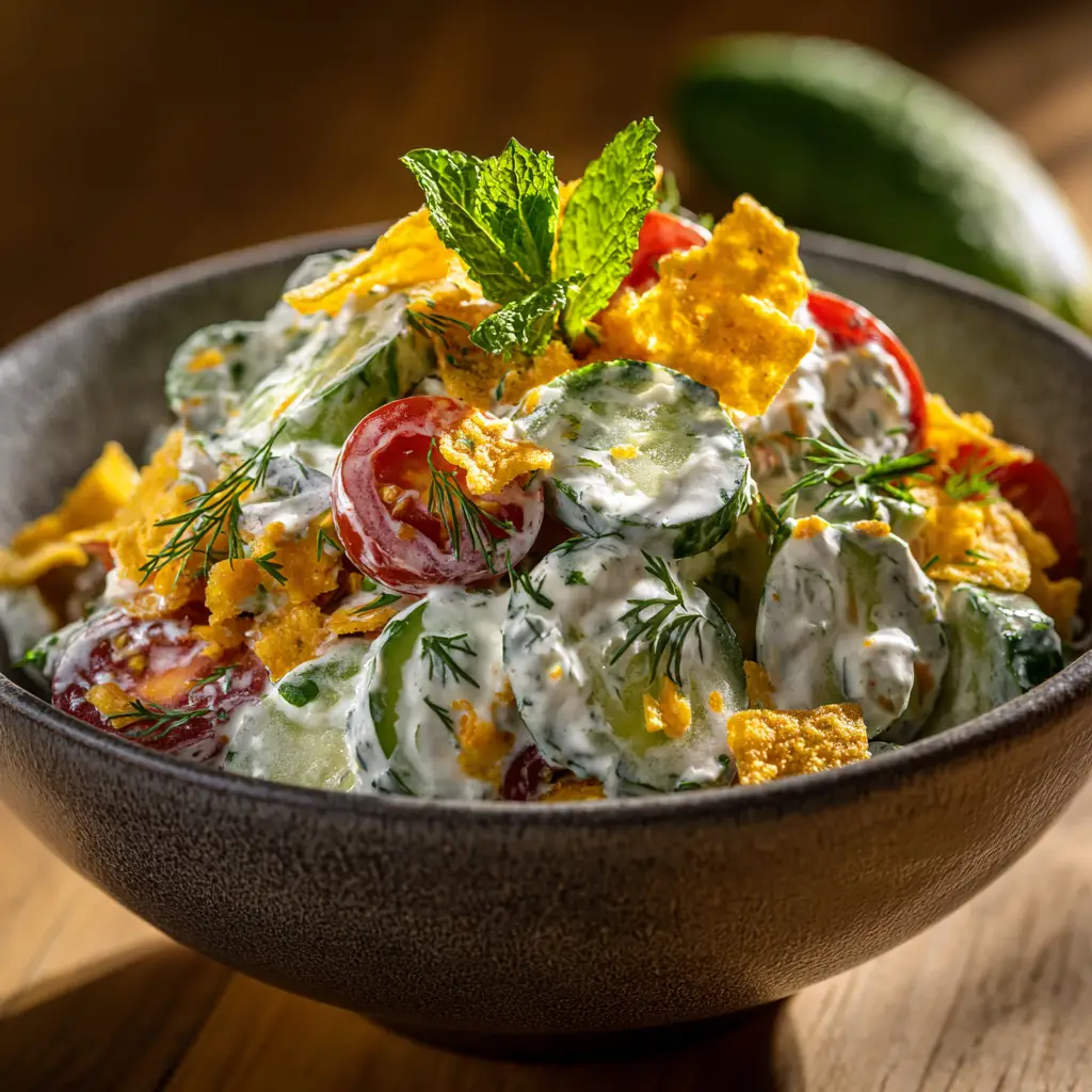 A serving of the fresh cucumber ranch salad on a plate, ready to be eaten. The vibrant green of the dill and cucumber is clearly visible.