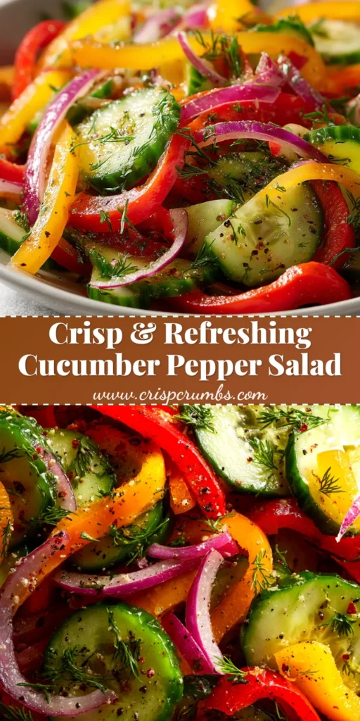 A large bowl of Cucumber Sweet Pepper Salad with a zesty vinaigrette dressing, shown on a wooden table. The salad is colorful with red, orange, and yellow peppers.