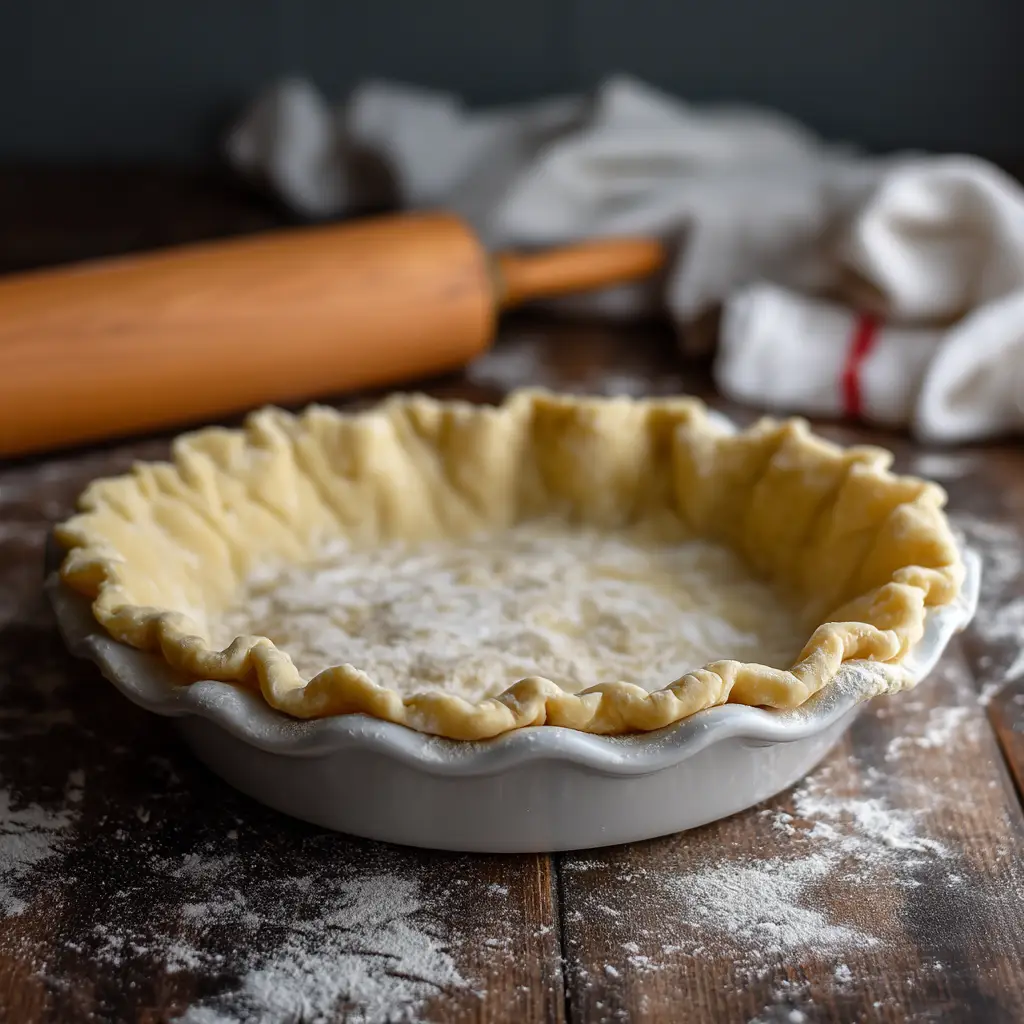 The process of cutting cold butter into flour for an all-butter pie crust recipe, showing pea-sized pieces essential for a flaky texture.