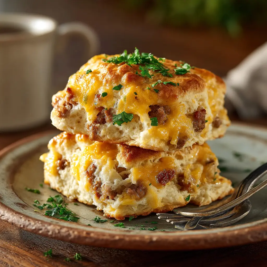 The process of cutting out savory breakfast biscuits from the dough on a floured surface, with sausage and cheese visible in the dough.