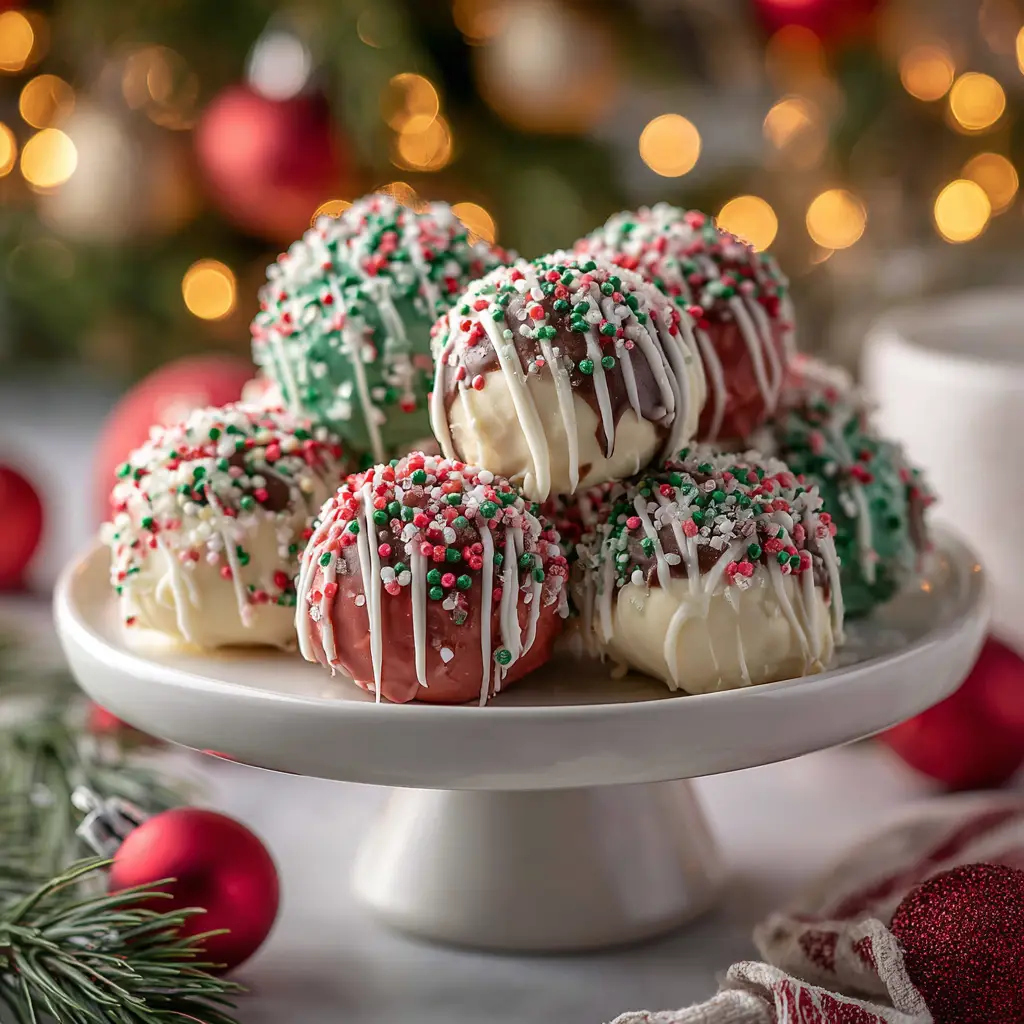 A finished pile of No-Bake Christmas Cheesecake Bites decorated with colorful holiday sprinkles, ready to be served at a Christmas party.