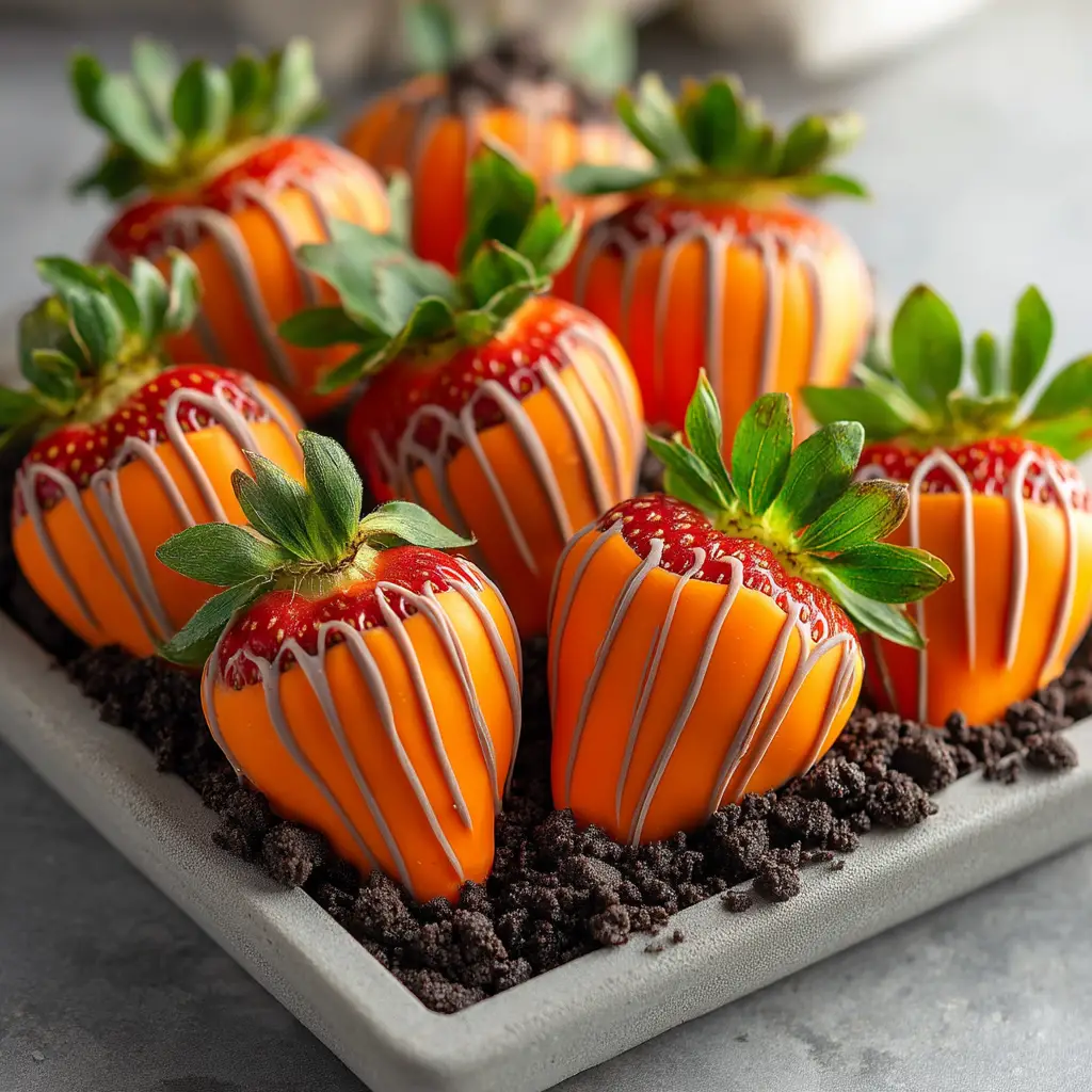 A close-up shot of several bright orange chocolate-covered strawberries decorated to look like pumpkins.