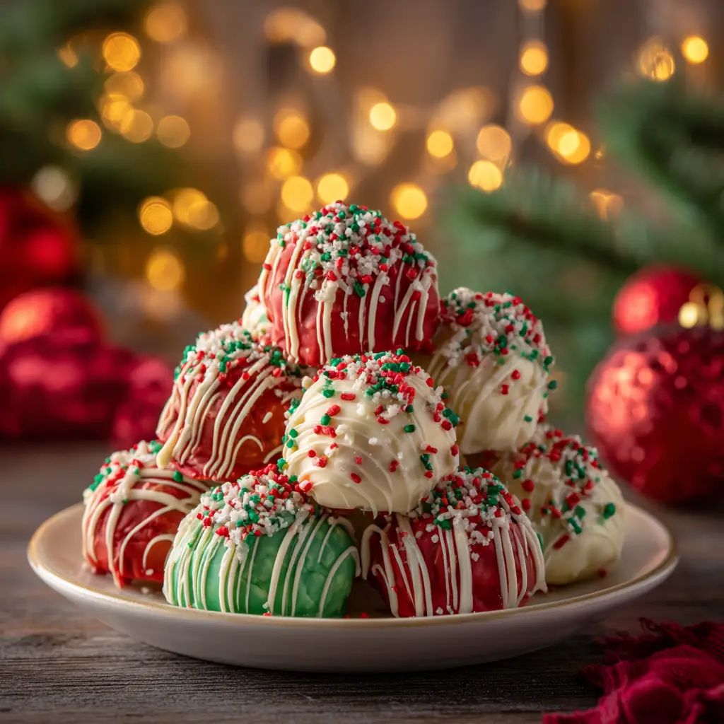 The process of decorating festive cheesecake bites with a drizzle of melted white chocolate and holiday sprinkles.
