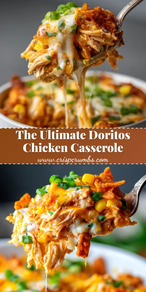A delicious and cheesy Doritos Casserole with Chicken baked in a white dish. This easy dinner recipe is layered with seasoned chicken, cheese, and crunchy Nacho Cheese Doritos.