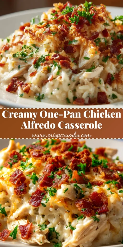 A pin-style image of the finished Dump-and-Bake Chicken Alfredo Rice Casserole in a white baking dish, showing its creamy texture and golden cheesy topping.