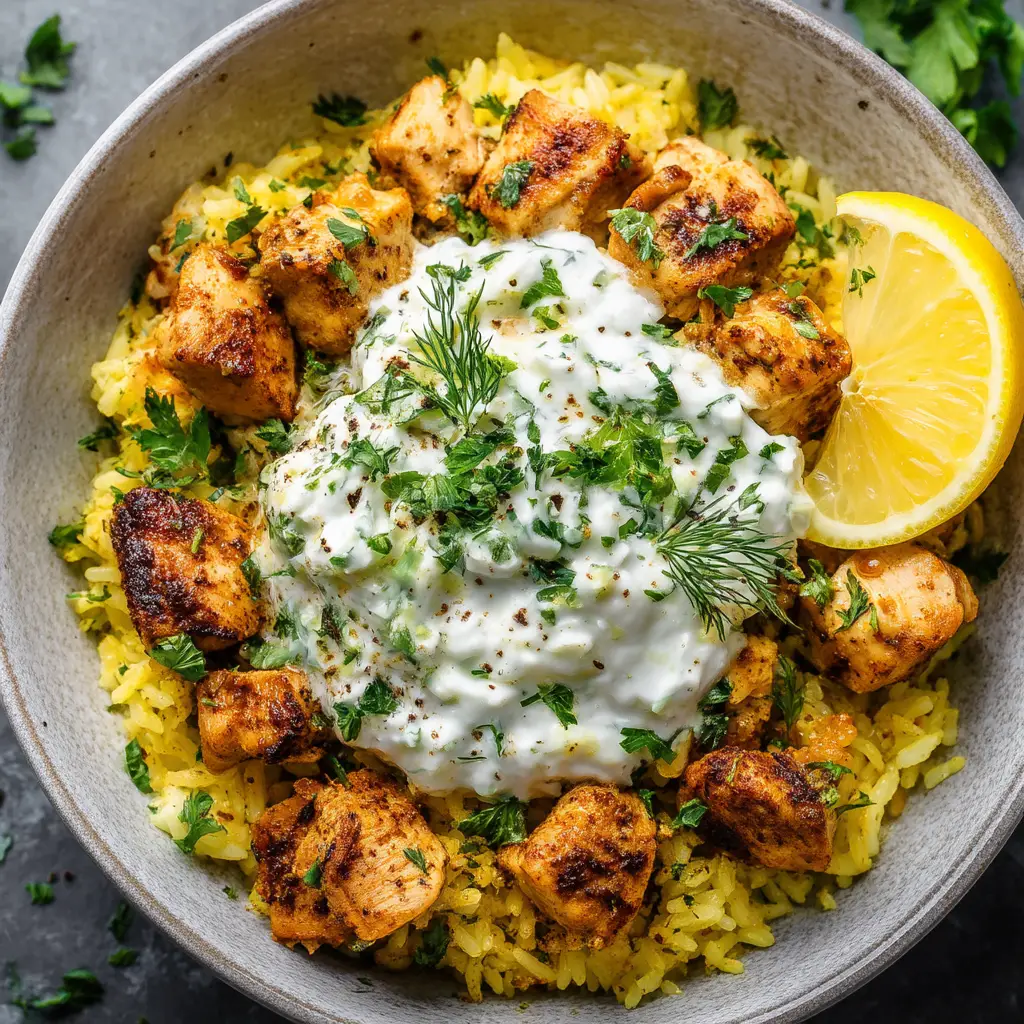 A process shot showing the uncooked dump and bake chicken rice ingredients layered in the baking dish before going into the oven.