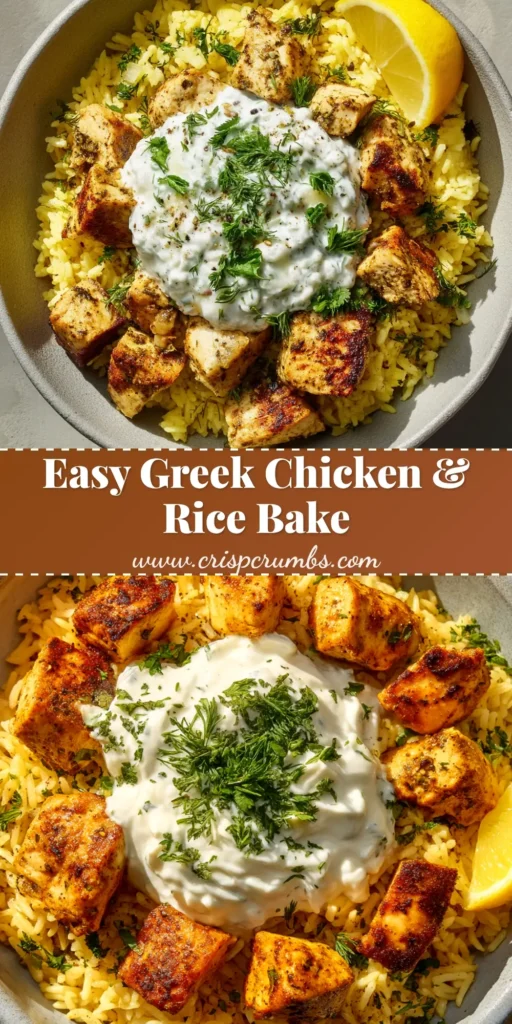 A final hero shot of the Dump and Bake Chicken Rice in a white casserole dish, garnished with fresh parsley. The perfect easy weeknight dinner recipe.