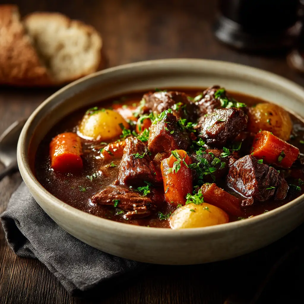 A Dutch oven filled with savory Boeuf Bourguignon, ready to be served. The stew is thick with beef, carrots, and mushrooms.