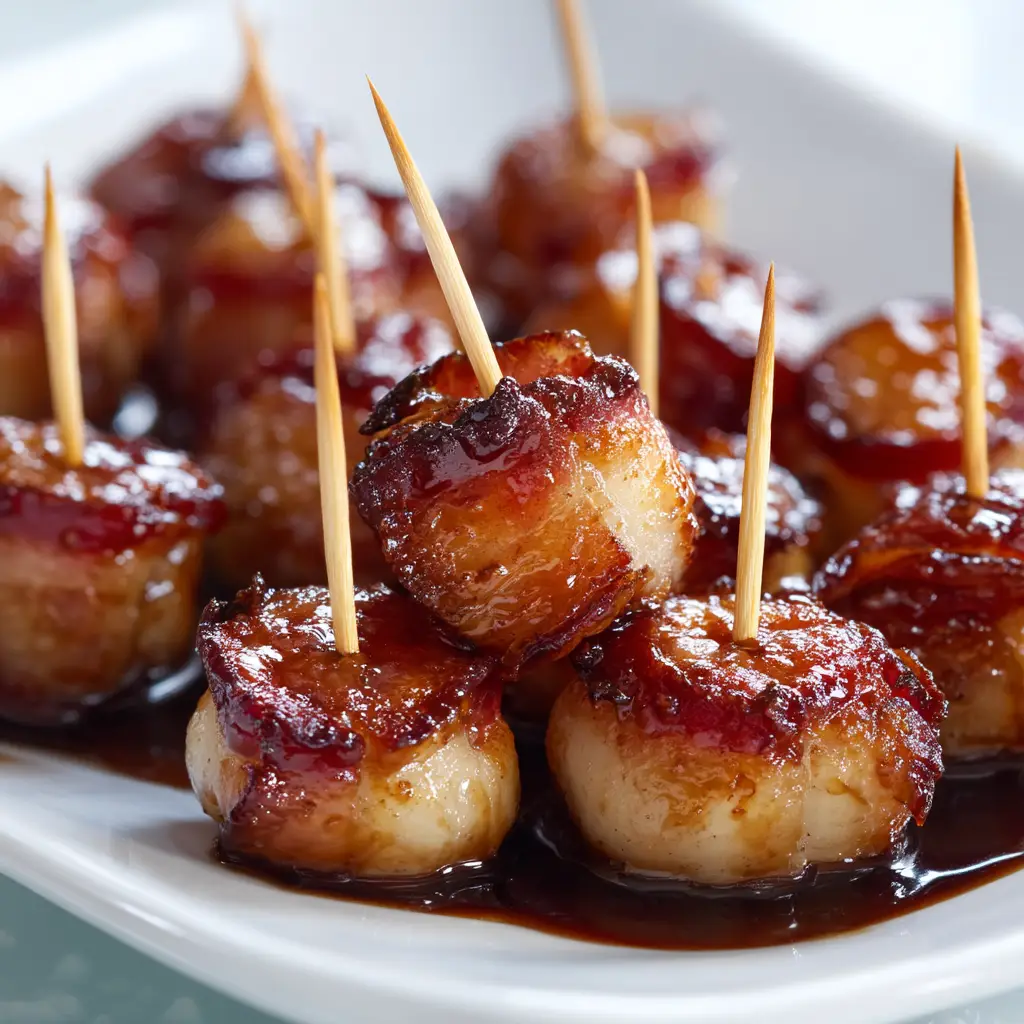 A tray of bacon wrapped water chestnuts ready for serving, secured with toothpicks. The bacon is perfectly crispy and golden brown.