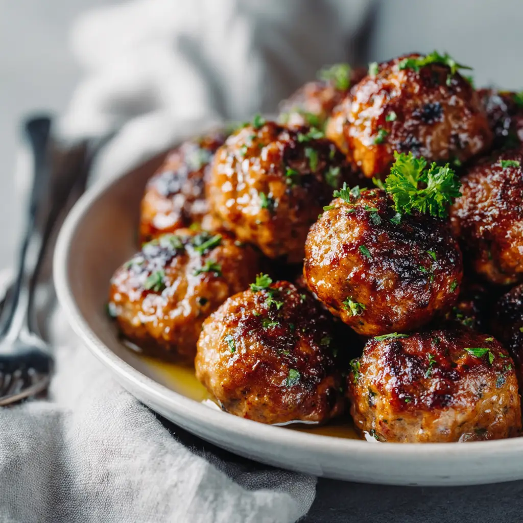 A batch of easy baked meatballs arranged neatly on a parchment-lined baking sheet before going into the oven.